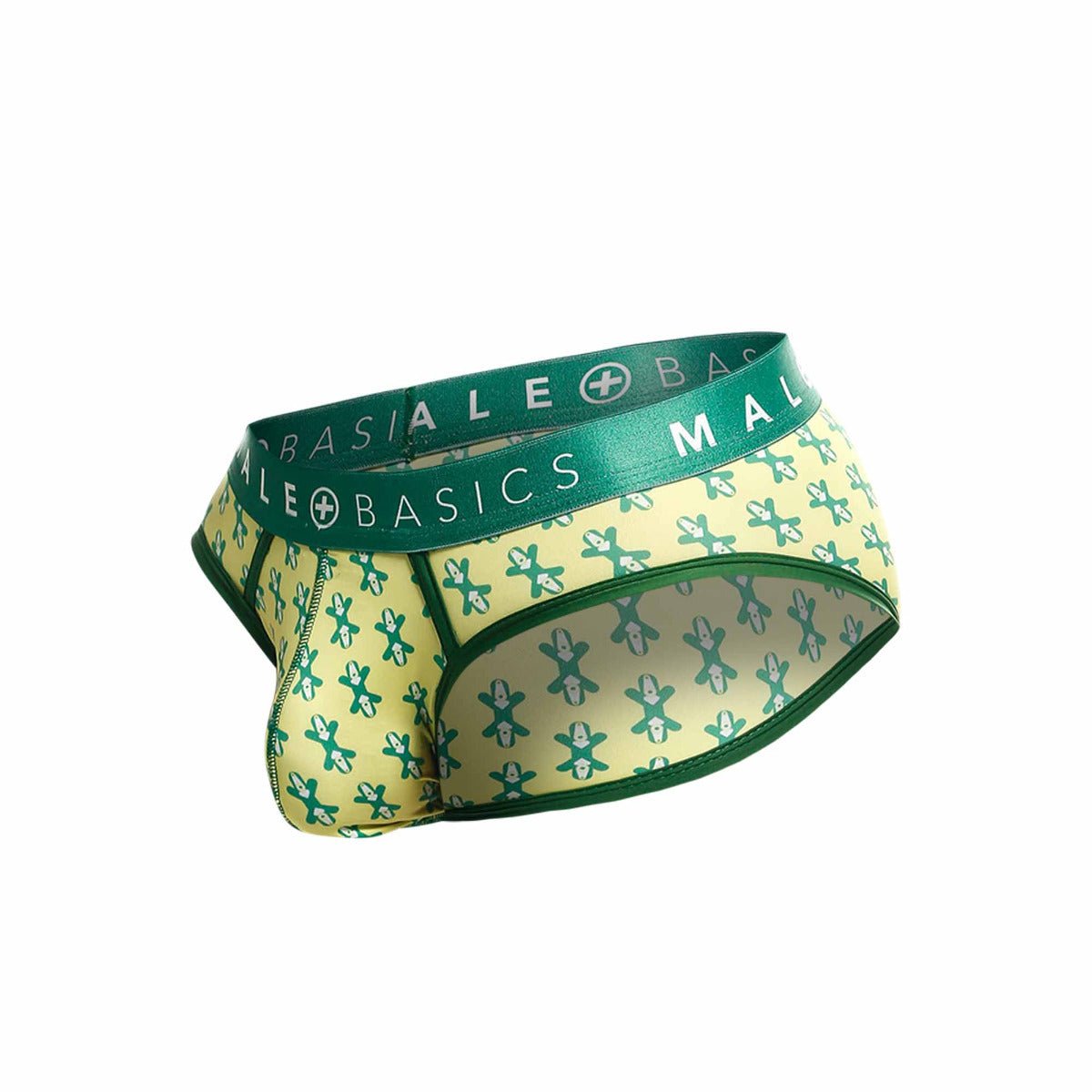 Malebasics brief sexy pouch green and pale yellow patterned men’s briefs with cartoon bear design and basiale basics waistband