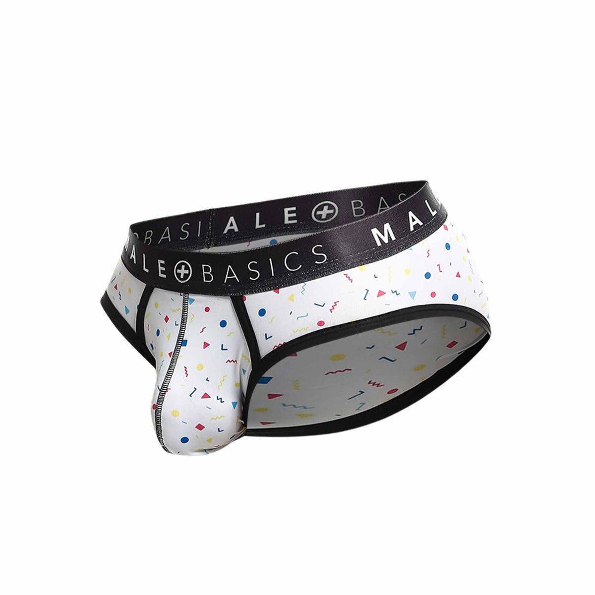 Malebasics white men’s briefs with black waistband basics logo and colorful geometric confetti pattern final sale
