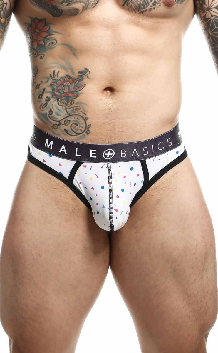 Malebasics mens thong sexy pouch white briefs with playful pink blue yellow confetti pattern and black trim waistband