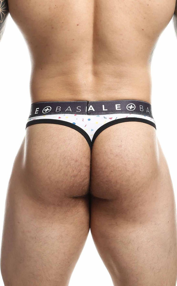 Malebasics mens thong sexy pouch white with black trim and colorful confetti dots featuring basiale waistband