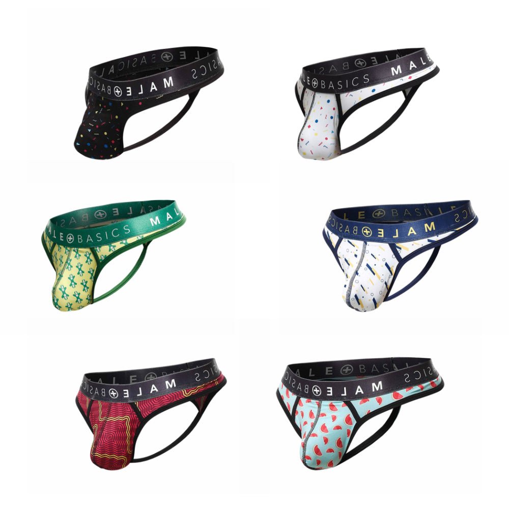 Six pairs of male basics mens thong sexy pouch underwear with colorful patterns and black elastic waistbands