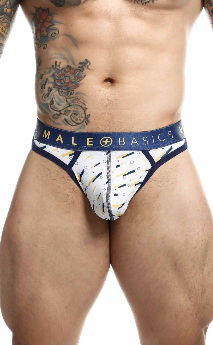 Malebasics mens thong sexy pouch briefs in white and navy blue geometric pattern with branded waistband