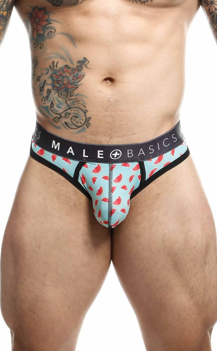 Light blue watermelon patterned male basics men’s thong with black trim and sexy pouch waistband
