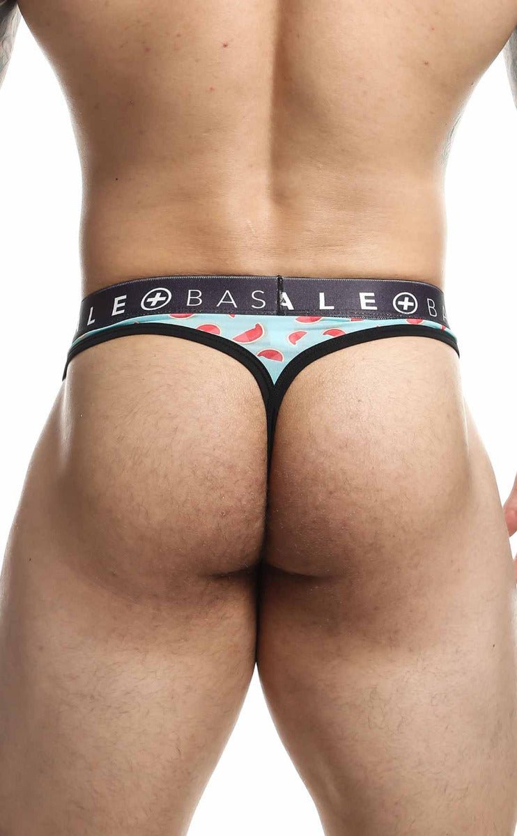 Malebasics mens thong in light blue with red chili pepper pattern and black elastic waistband with le basale branding