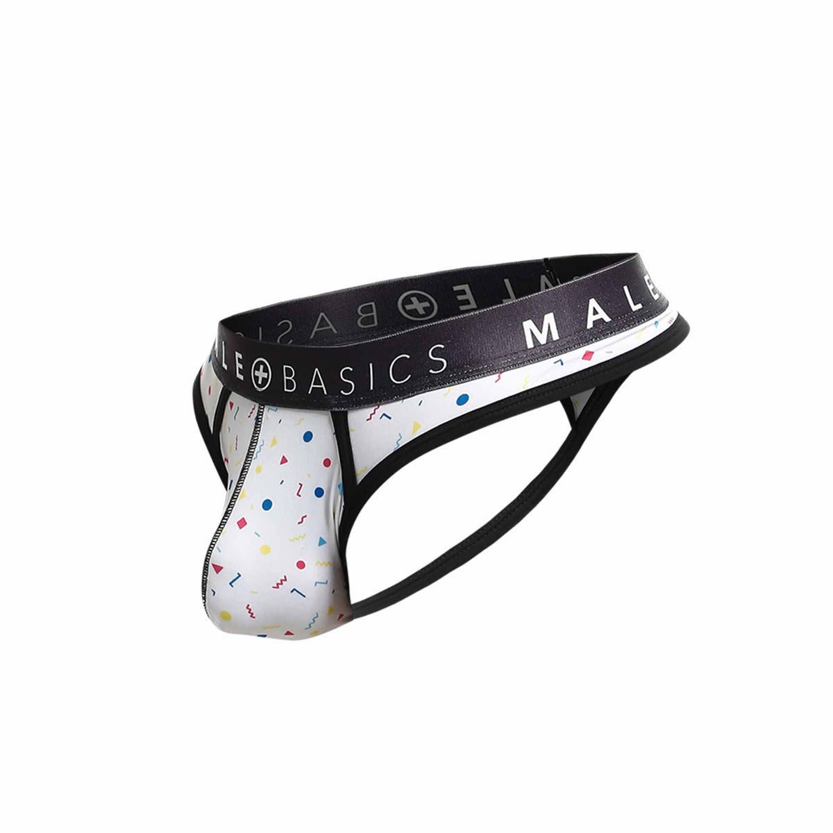 White mens briefs with multicolored confetti pattern black elastic waistband branded male basics pouch design