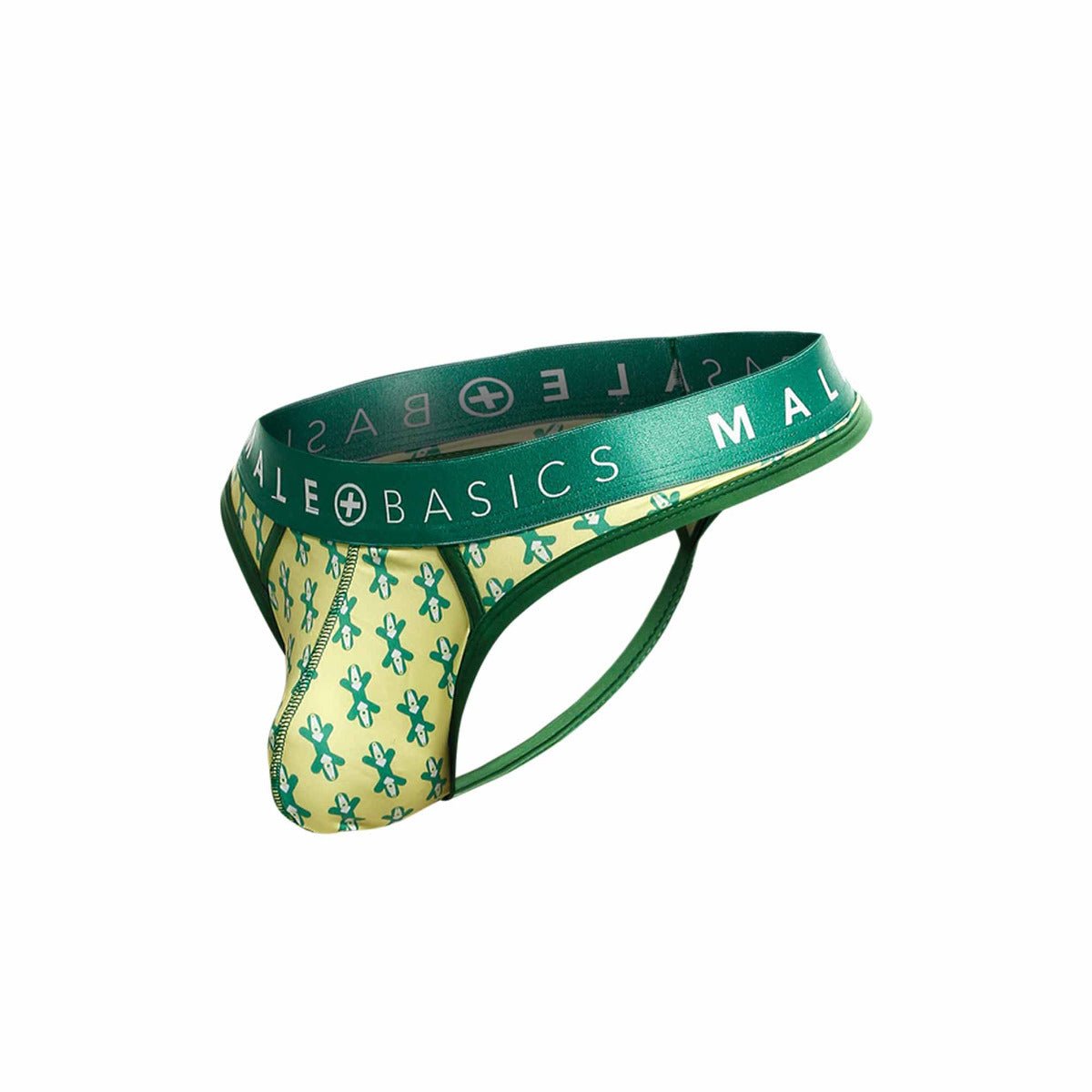 Malebasics mens thong sexy pouch in green and yellow pattern with branded waistband for a stylish fit