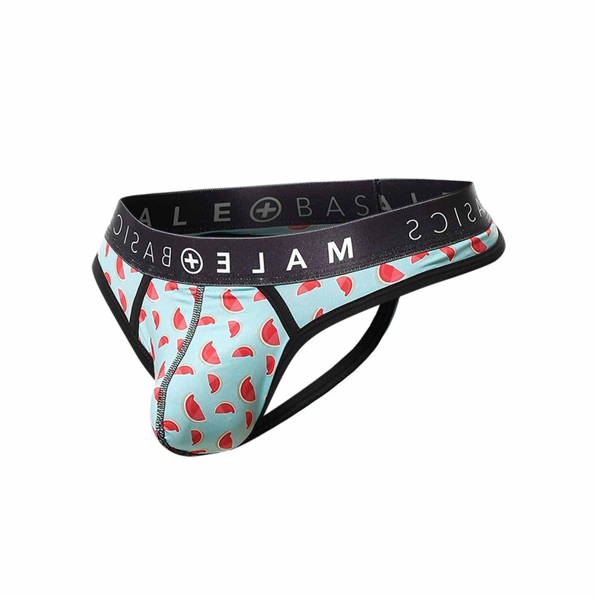 Malebasics mens thong sexy pouch in light blue watermelon pattern with black elastic waistband and side straps