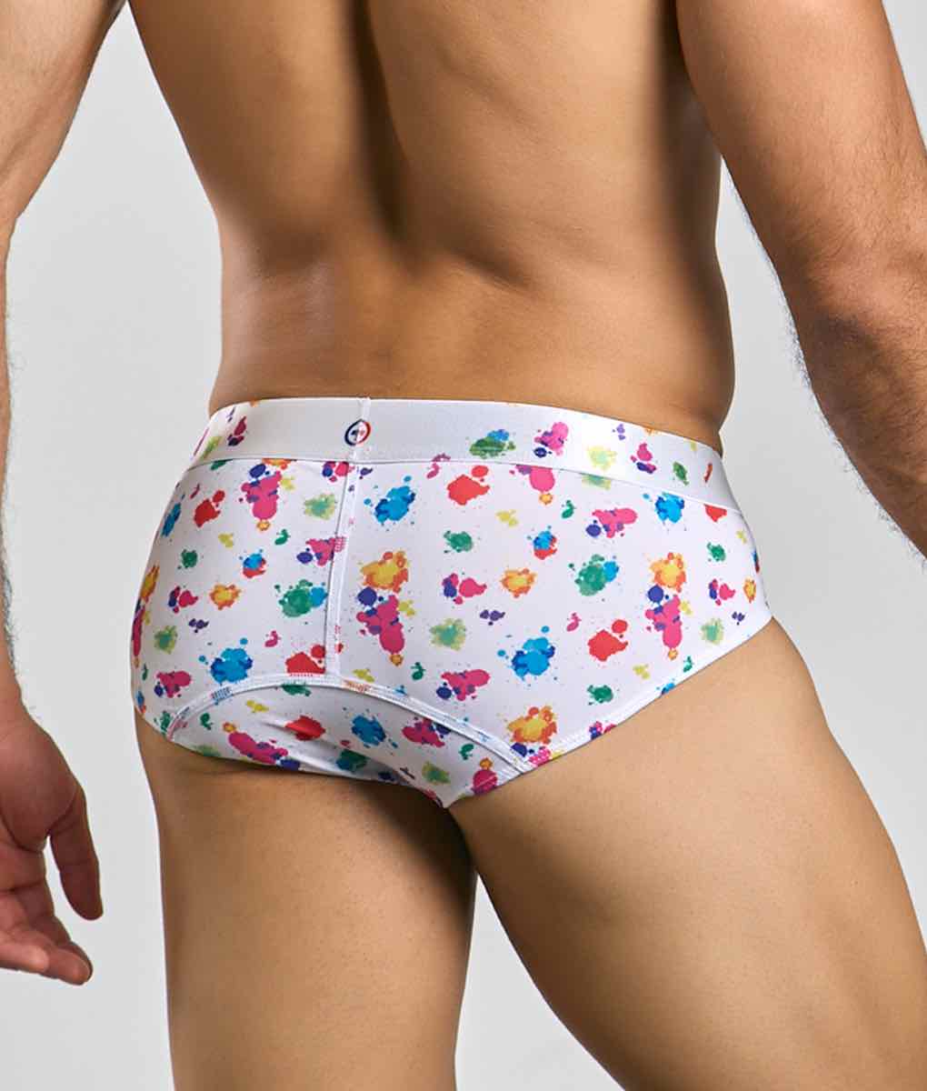 Malebasics new hipster brief white splash white cotton briefs with vibrant multicolored paint splatter pattern