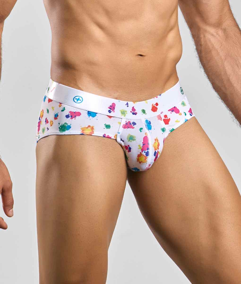 Malebasics new hipster brief white splash featuring white briefs with colorful paint splatter pattern