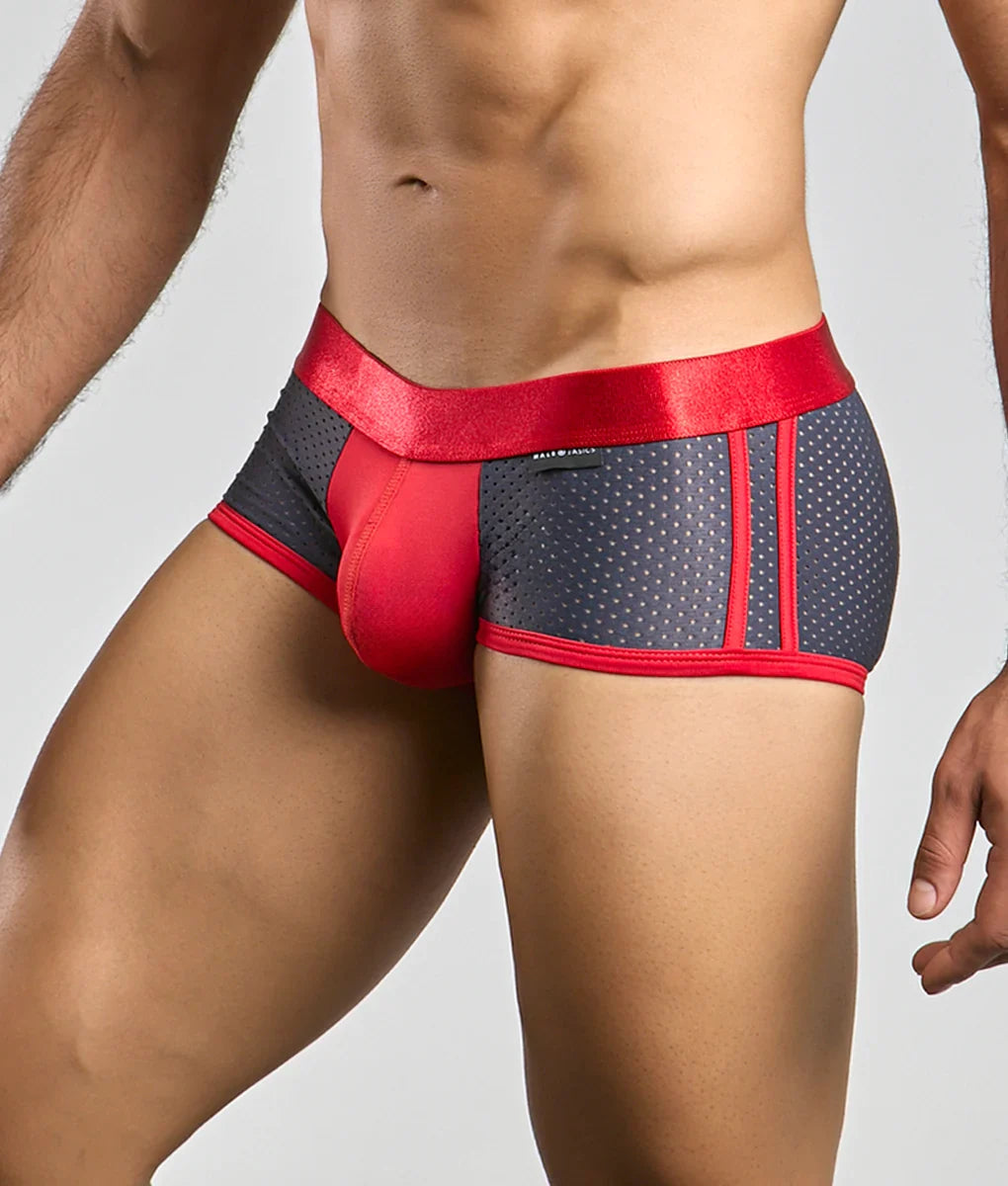 Malebasics spot new sexier trunk pink athletic briefs with red and gray perforated mesh and satin waistband