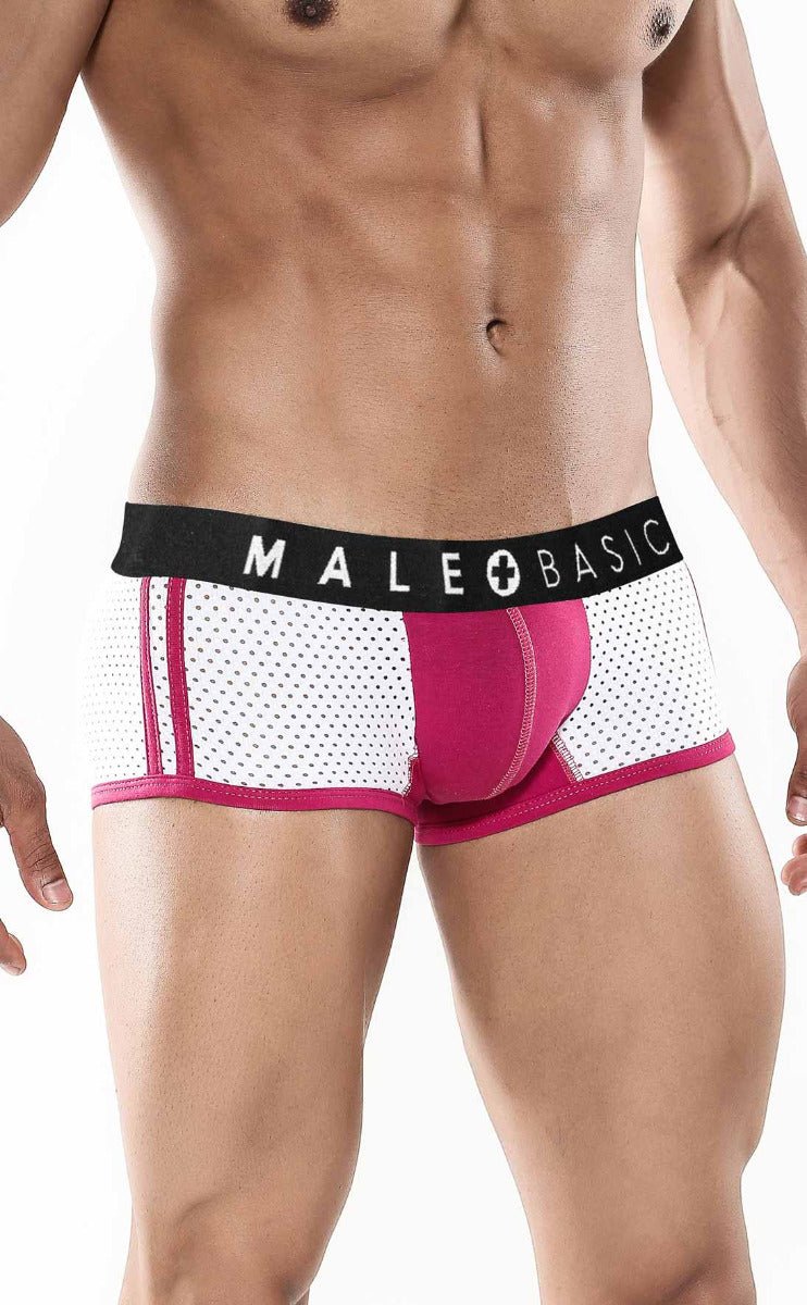 Pink and white mesh boxer briefs with black male basic waistband from malebasics spot new sexier trunk collection