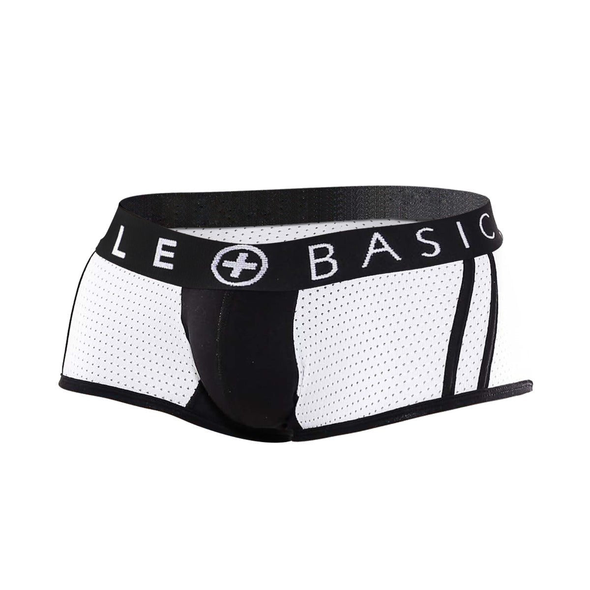 Malebasics spot new sexier trunk pink white and black mesh briefs with branded elastic waistband front view