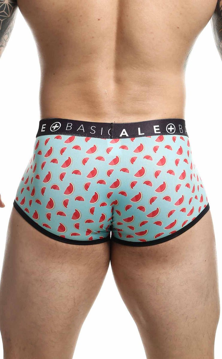 Light blue malebasics trunk sexy pouch briefs with playful watermelon pattern red accents and black trim waistband