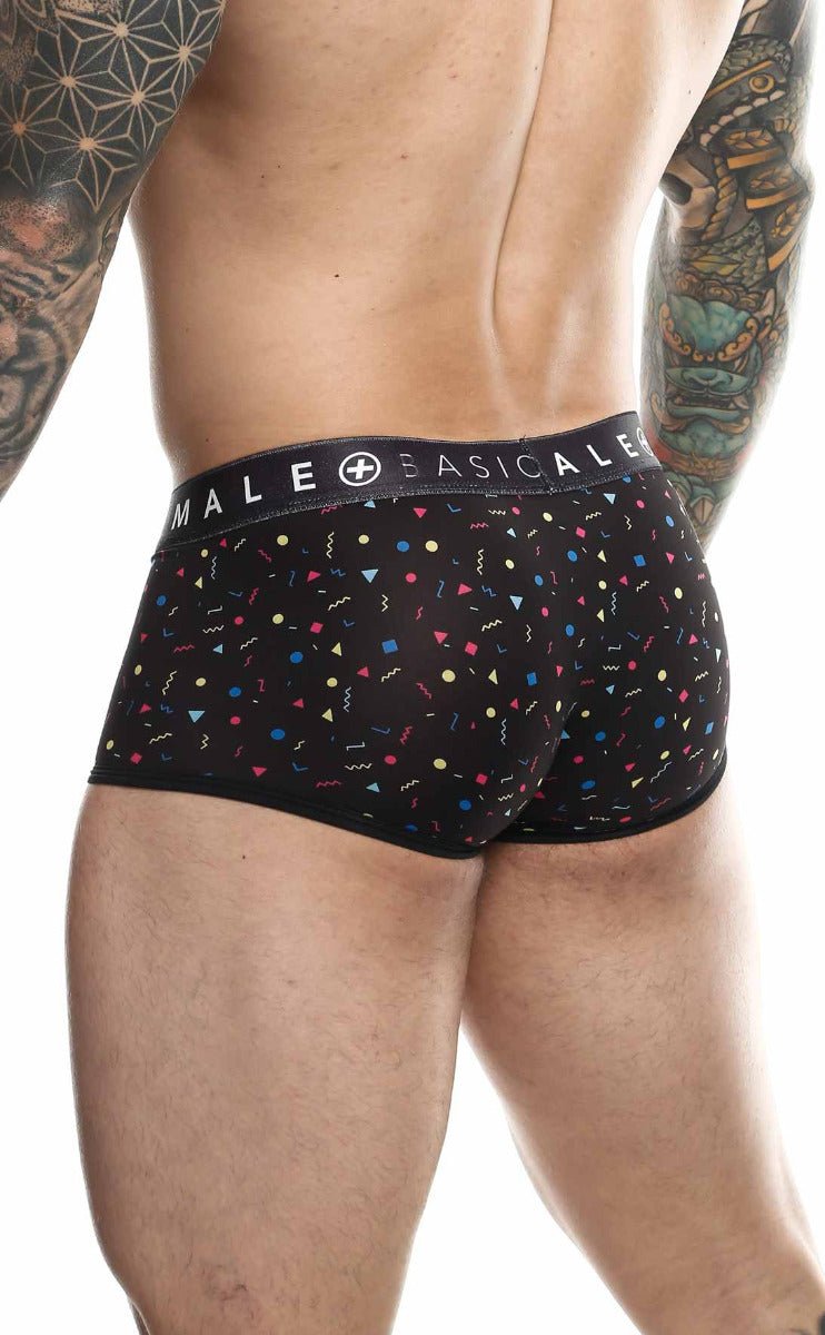 Black men’s briefs with multicolored confetti pattern and male basicale logo waistband in malebasics trunk sexy pouch design final sale
