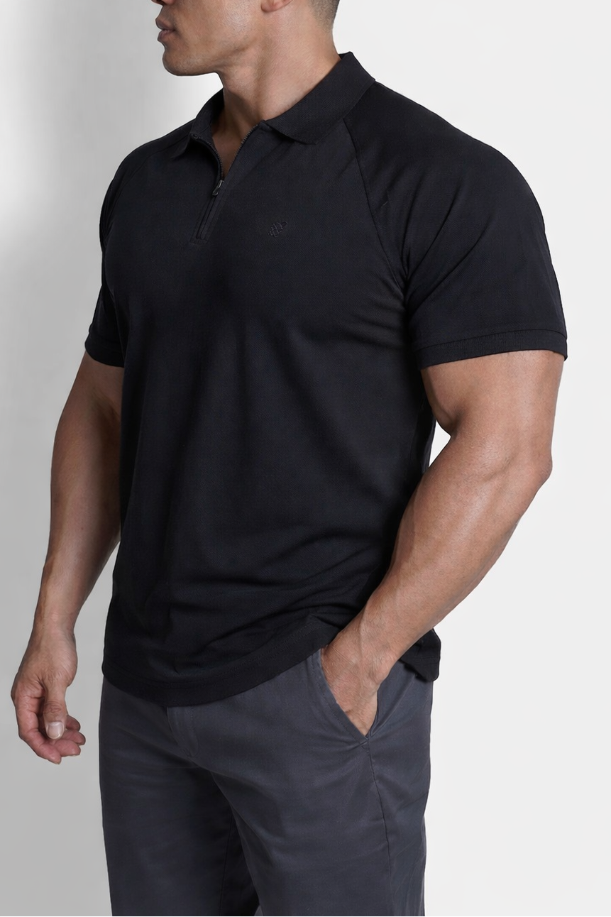 Jed North Men's Premium Muscle-Fit Polo Tee w/ Zipper - Black