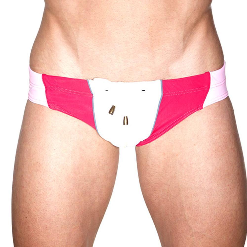 Marcuse MA Bondi pink and white athletic briefs with a white bear face design on the front for active wear