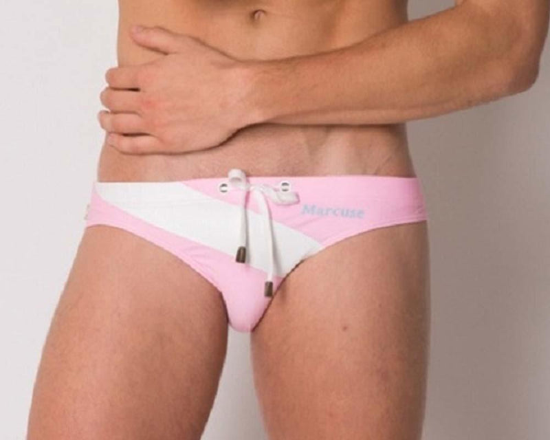 Marcuse ma_xtreme men’s swim trunks with pink and white stripes and a drawstring waistband for beachwear