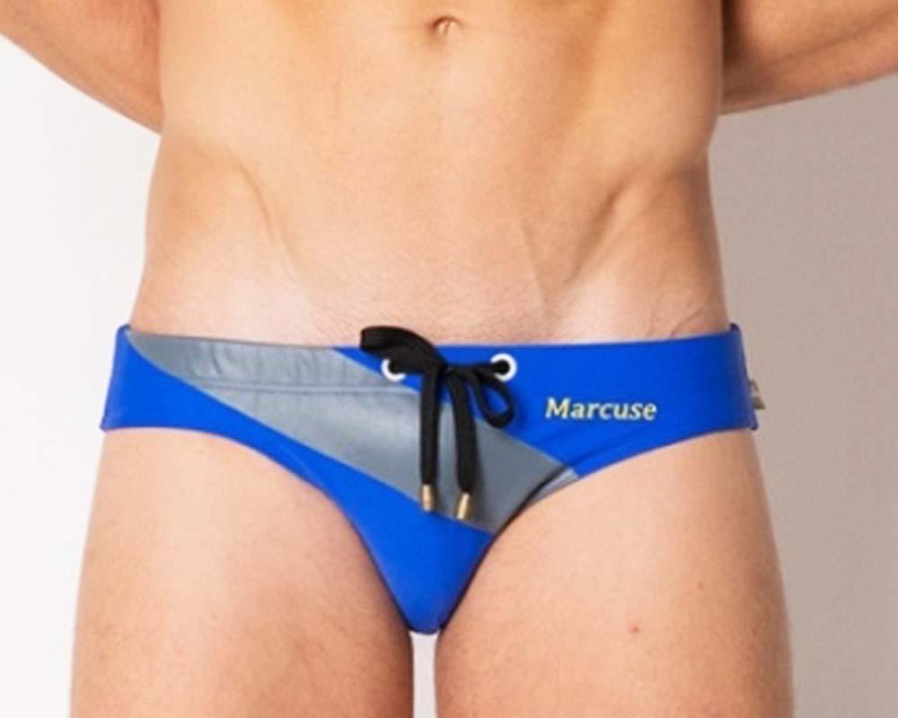 Marcuse ma_xtreme swimwear blue and gray swim trunks with black drawstring for comfortable beachwear