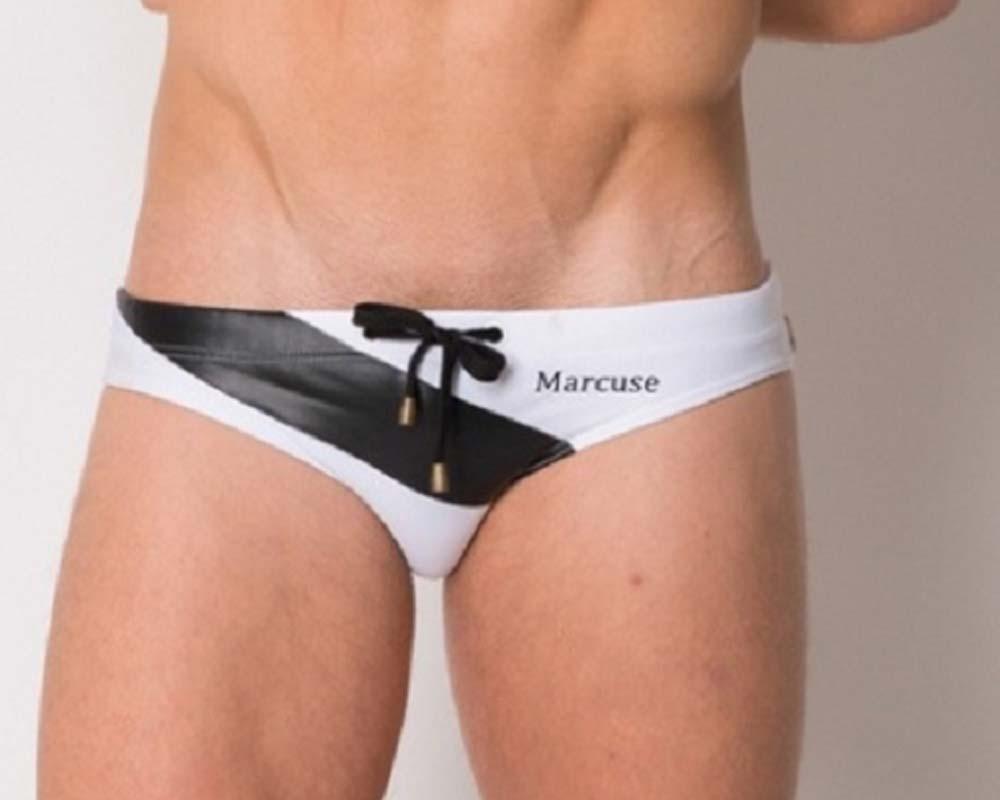 Marcuse MA_Xtreme swimwear white and black swim trunks with diagonal stripe drawstring closure and brand name on side