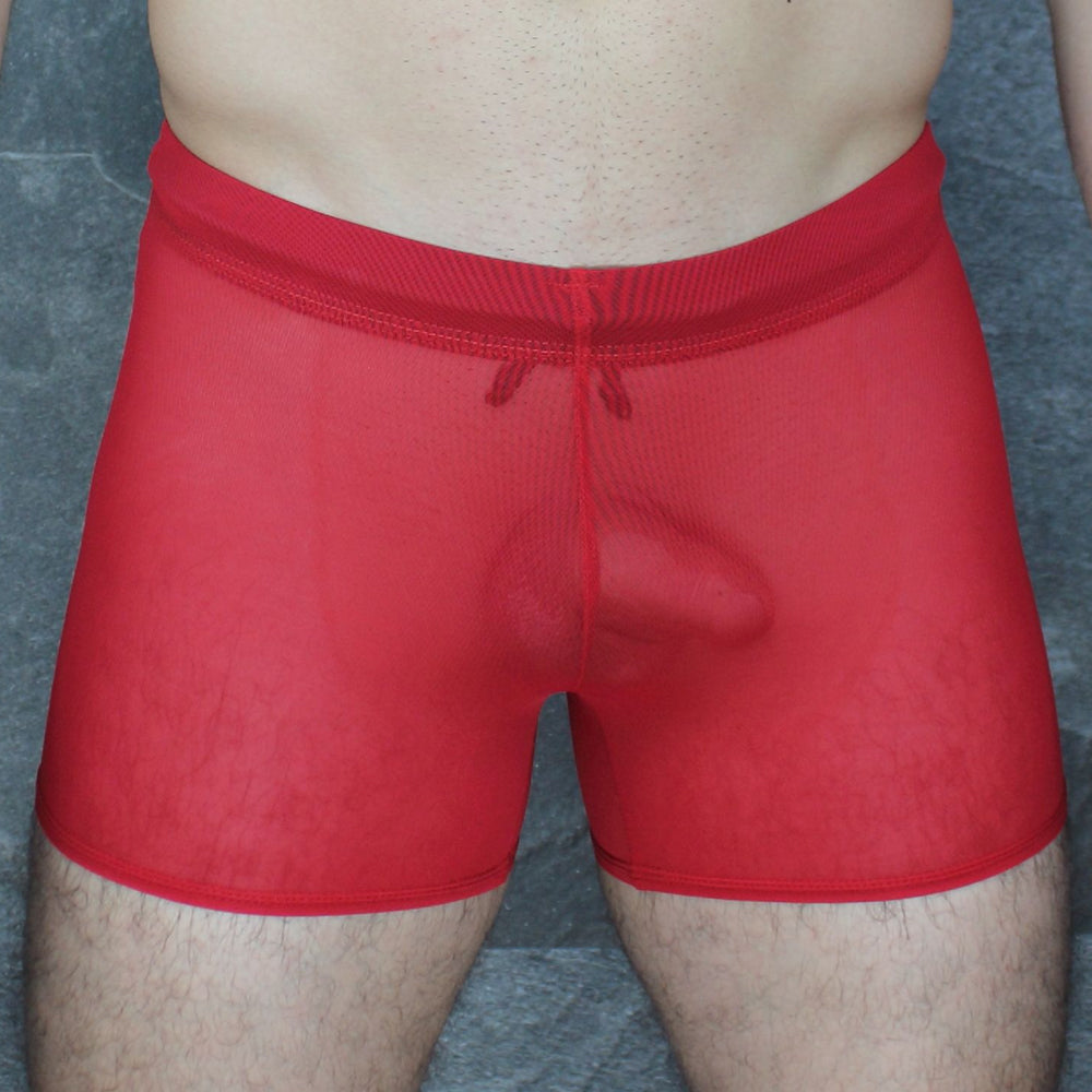 Red sheer mesh briefs with ribbed elastic waistband and drawstring from mckillop daus tackle shorts ultra mesh collection