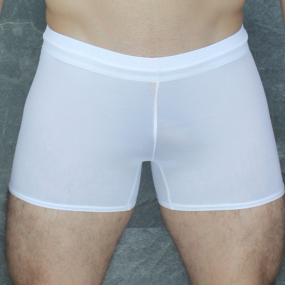 White sheer mesh boxer briefs with solid white waistband from mckillop daus tackle shorts ultra mesh collection