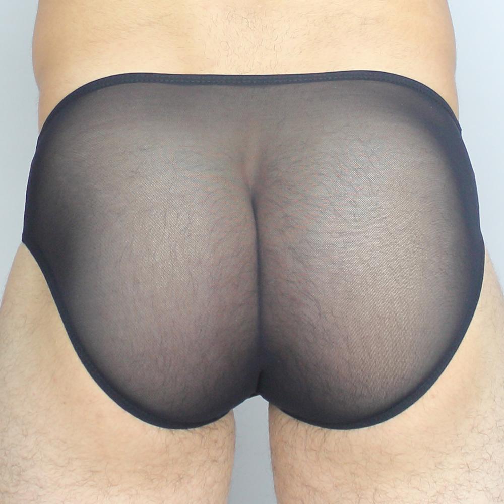 Black sheer mesh briefs with a solid black elastic waistband from mckillop GBUS gravity brief ultra mesh collection