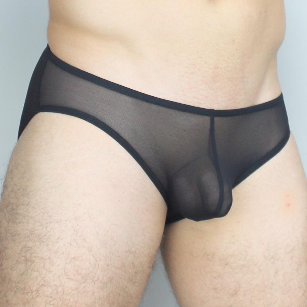 Black sheer mesh briefs with solid black waistband and leg openings from mckillop gbus gravity brief ultra mesh collection