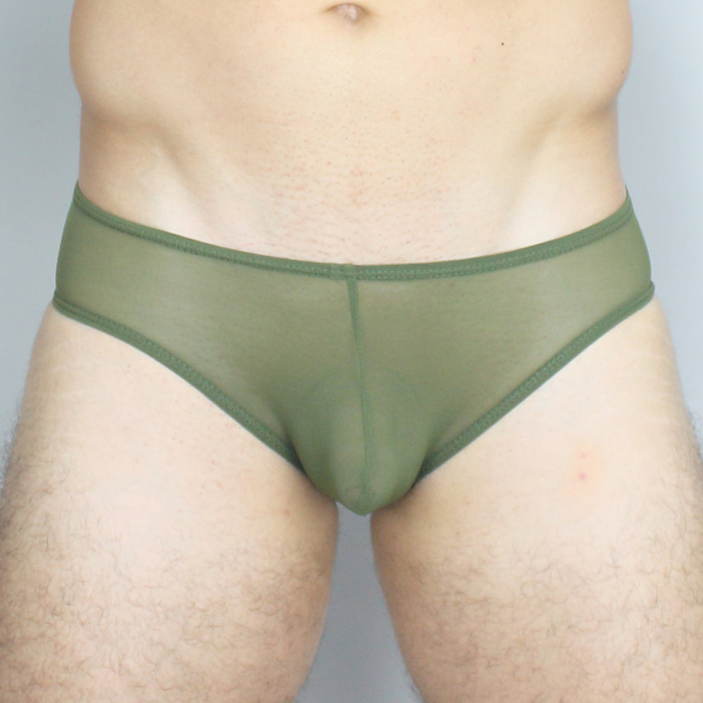 Olive green mckillop gbus gravity brief ultra mesh sheer mesh briefs with solid waistband shown from the back