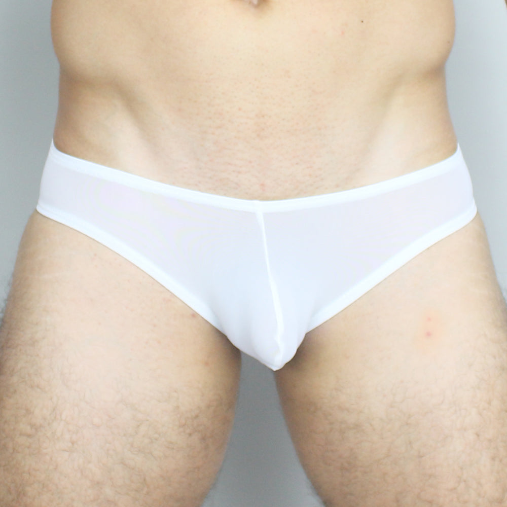 White sheer mesh briefs with solid white waistband mckillop gbus gravity brief ultra mesh front view
