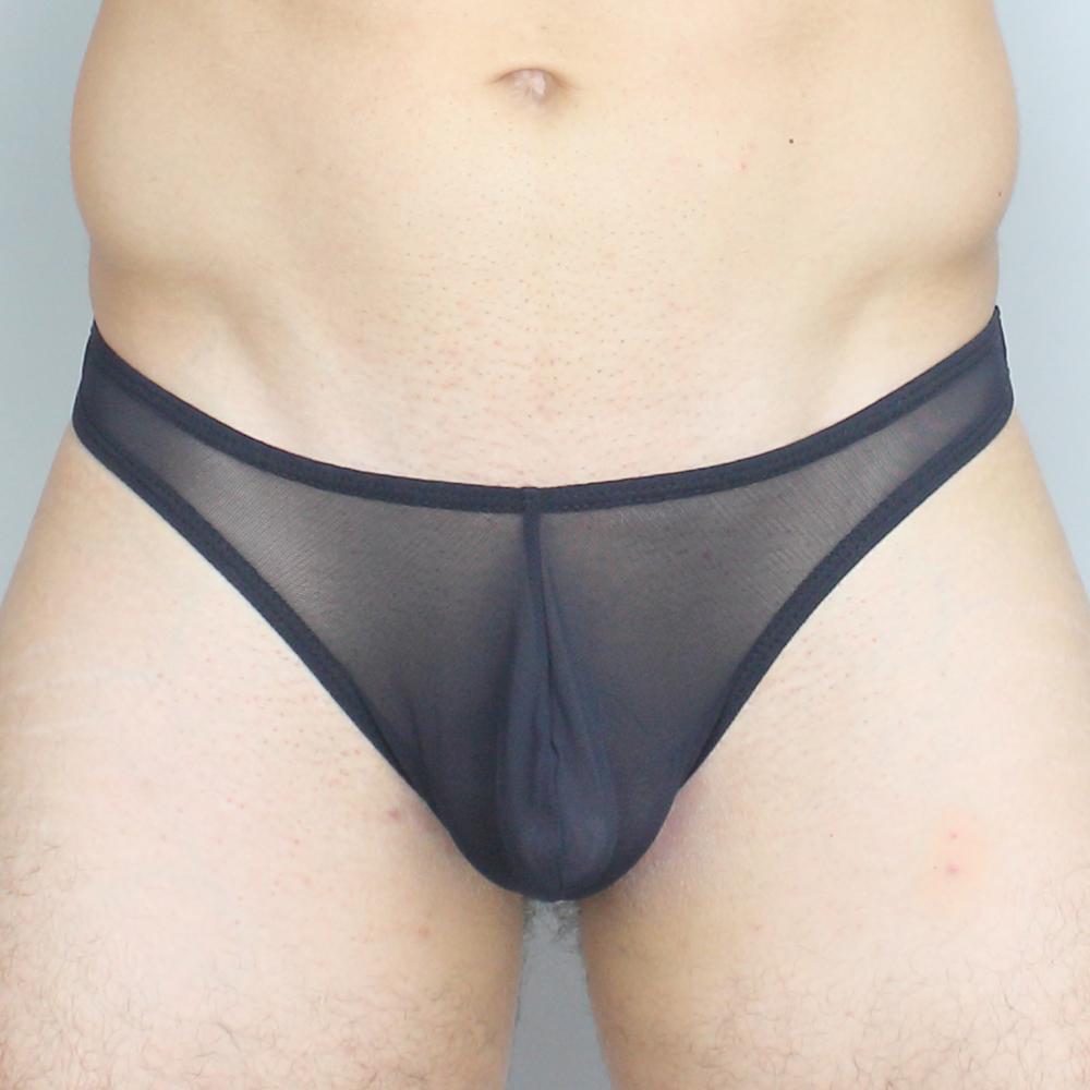 Black sheer mesh thong with solid waistband mckillop ggus gravity enhance thong ultra front view