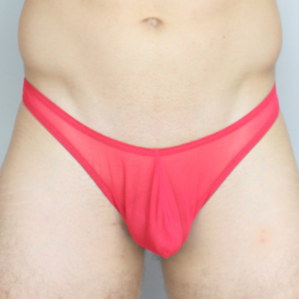Mckillop GGUS gravity enhance thong ultra in bright red sheer mesh with solid pink waistband showing front view