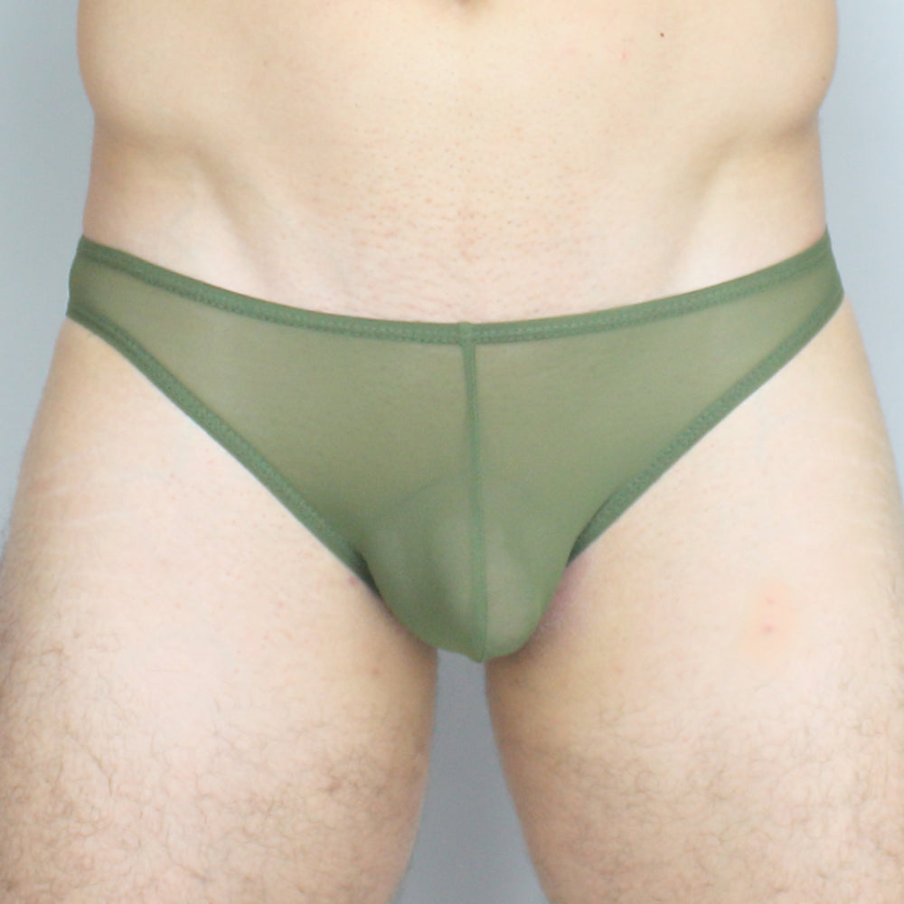 Olive green sheer mesh briefs from mckillop gkus gravity bikini ultra mesh showing the back side view