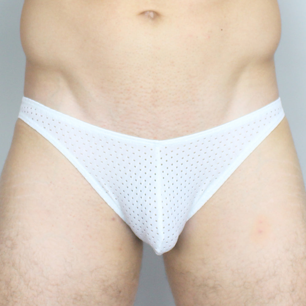 White perforated mesh bikini brief by mckillop showing breathable fabric and comfortable fit