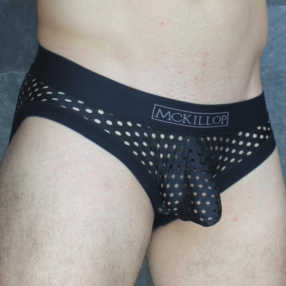 Mckillop MCKOBHQ brief black men’s underwear with sheer perforated mesh and white polka dot design