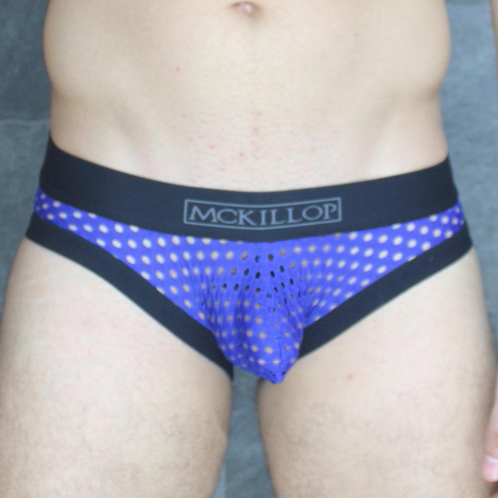 Blue polka-dot mckillop mckobhq briefs with black trim and mesh fabric for comfortable everyday wear