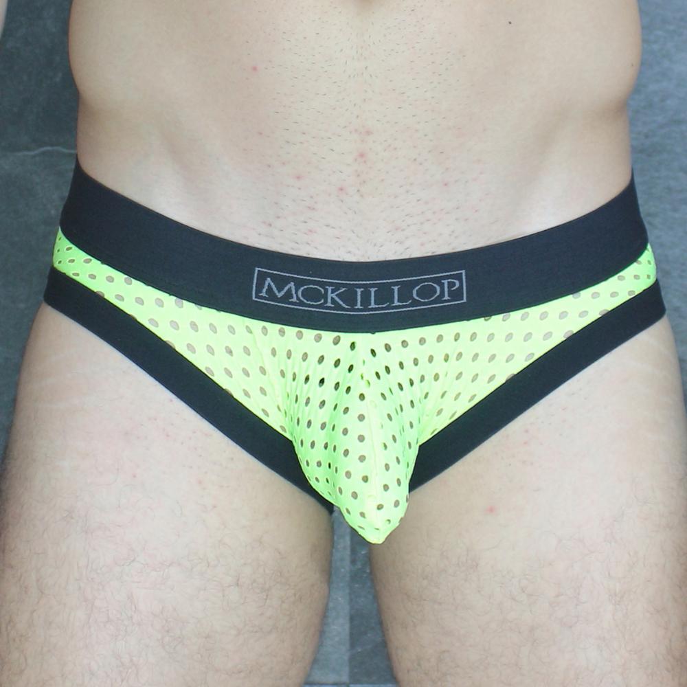 Neon green mesh briefs with black trim and mckillop logo on waistband from mckillop mckobhq brief collection