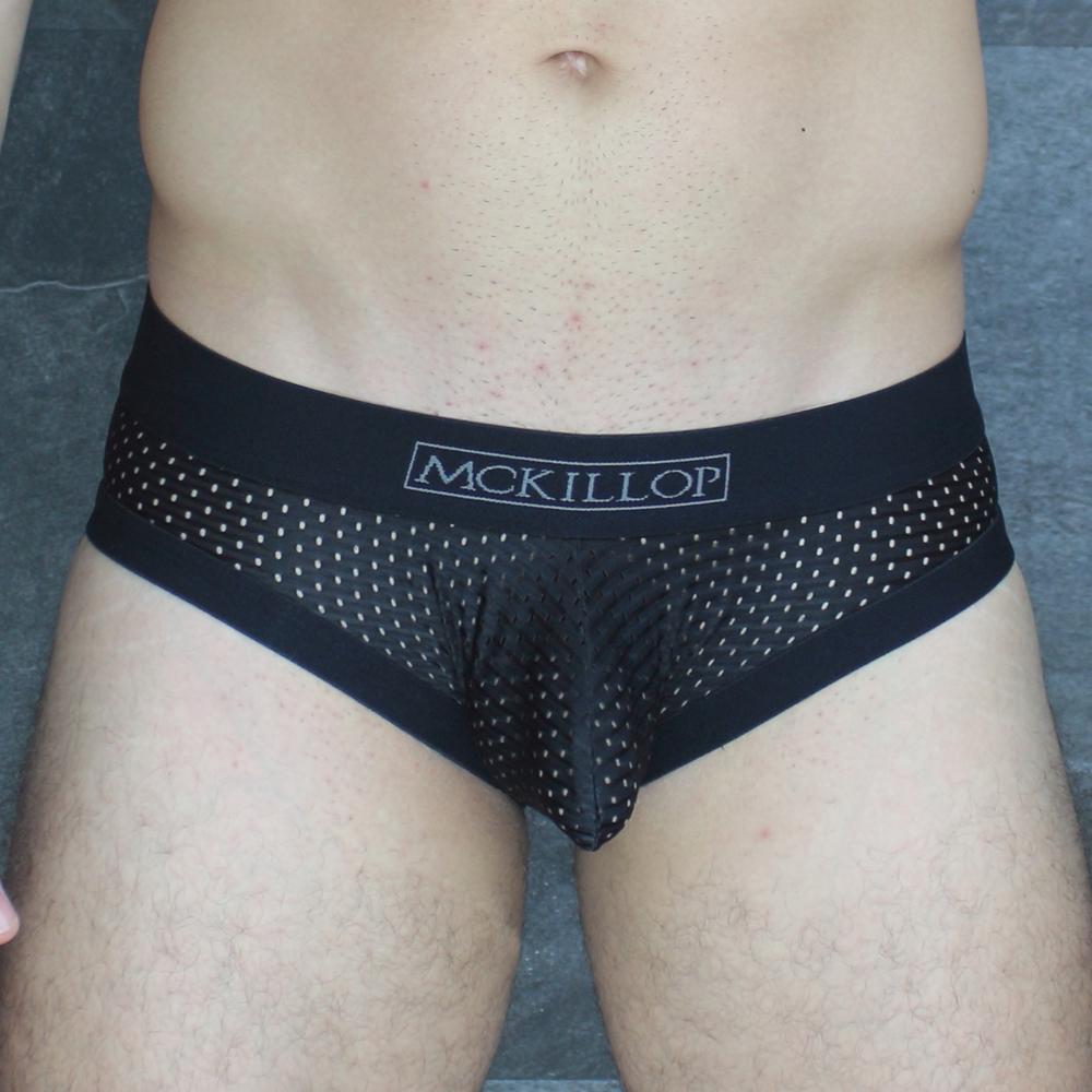 Mckillop mckobpl men’s brief underwear in black mesh fabric with white dot pattern for comfortable wear
