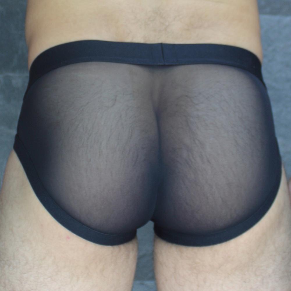 Black sheer mesh briefs with a solid black elastic waistband from mckillop obus hoist brief ultra mesh collection
