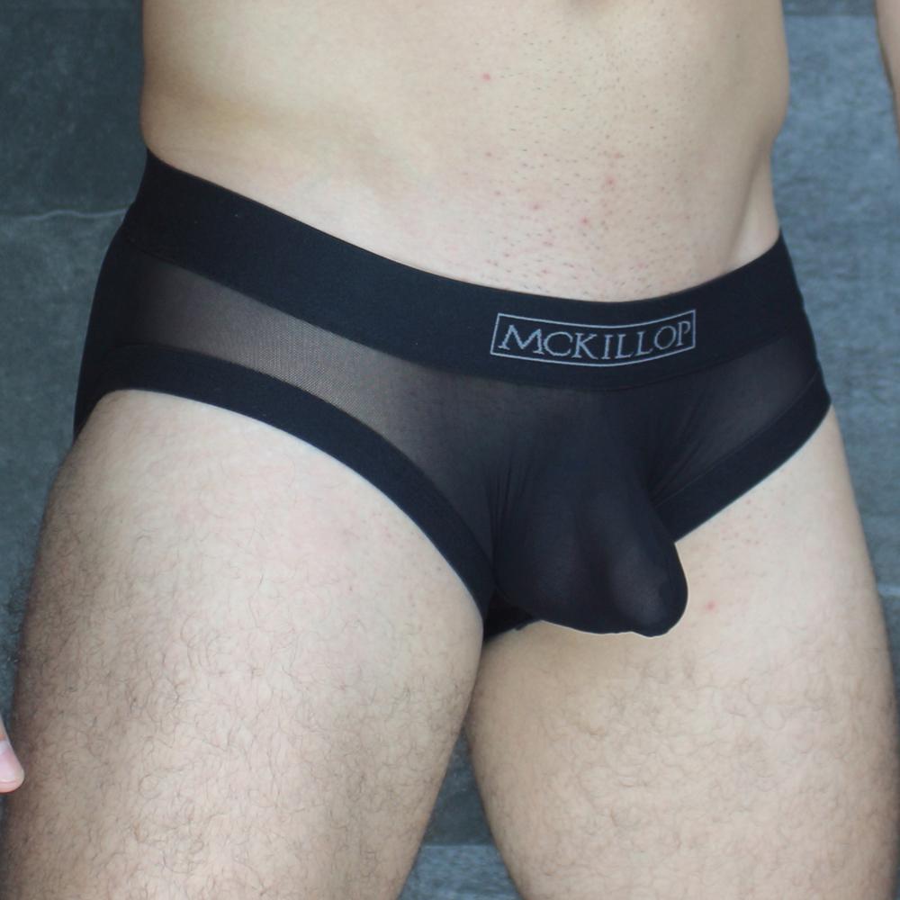 Mckillop obus hoist brief ultra mesh men’s underwear black with sheer mesh front panel and solid fabric sides