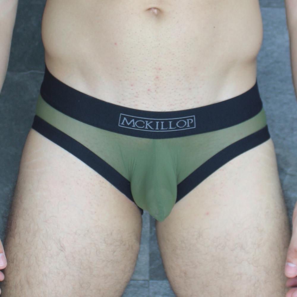 Olive green mckillop obus hoist brief ultra mesh with black trim and contrasting waistband in breathable fabric
