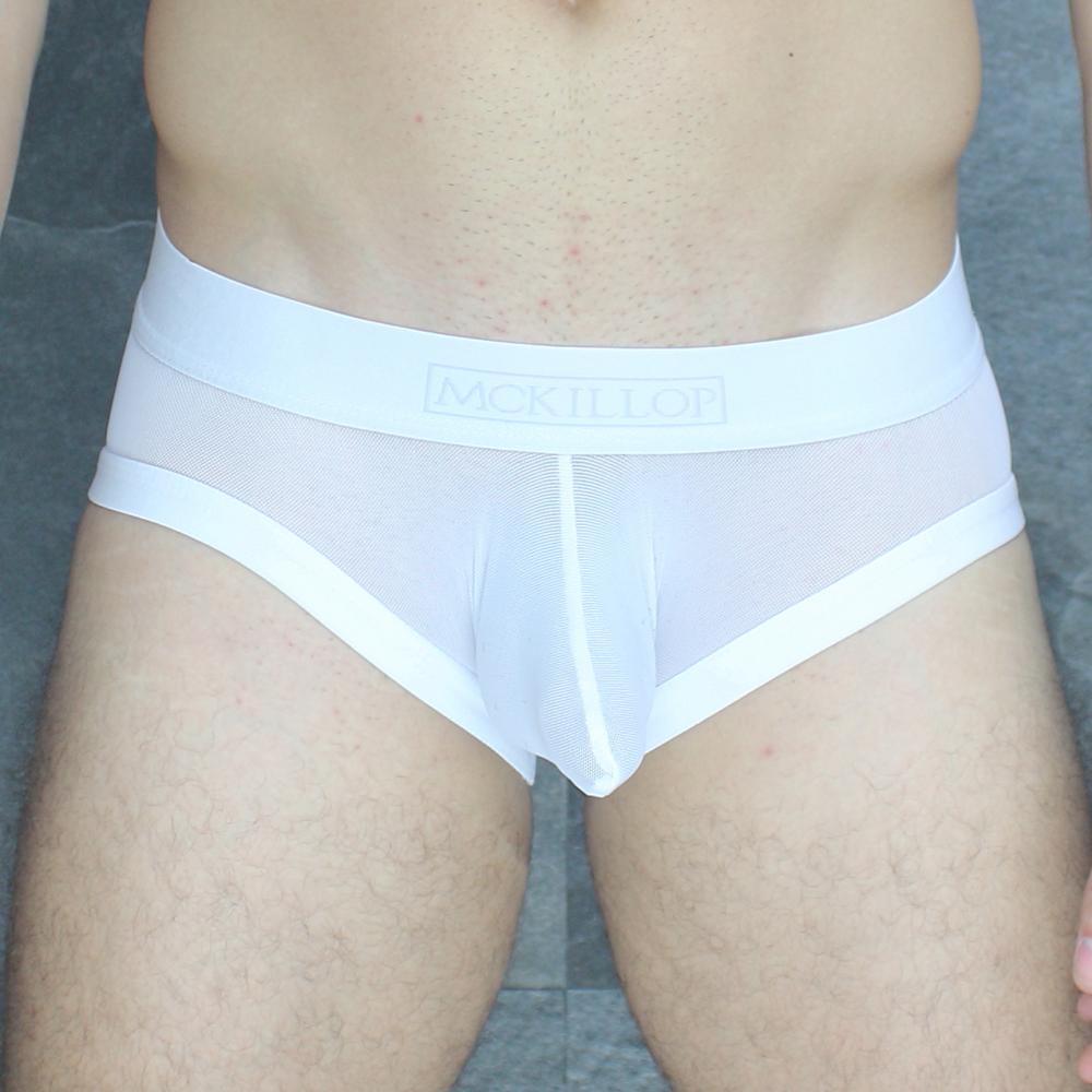 White mesh mckillop obus hoist brief ultra mesh with solid white waistband featuring mckillor brand name