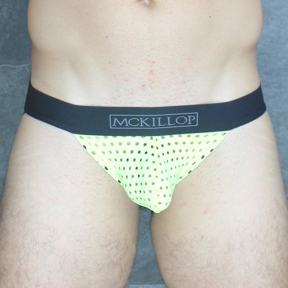 Mckillop ojhq hoist jock glory lycra neon green perforated mesh briefs with black waistband and mckillop branding