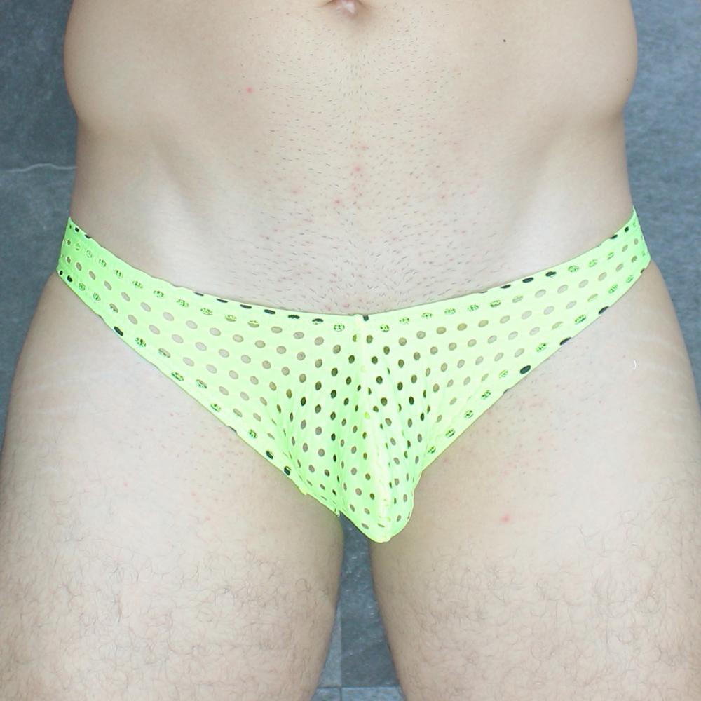 Bright neon green mesh briefs with black polka dots from Mckillop VKHQ Hoist Bikini Glory Lycra collection