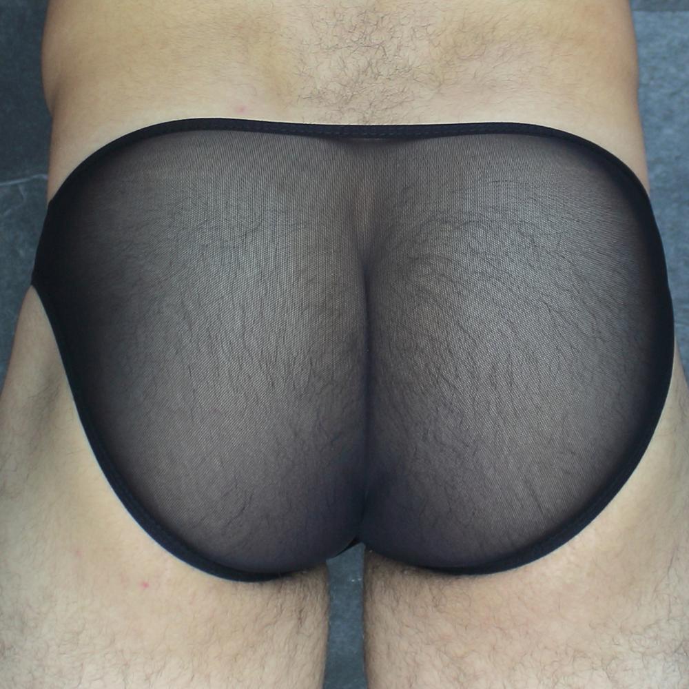 Black sheer mesh briefs with a solid black elastic waistband from Mckillop VKUS Hoist bikini ultra mesh collection