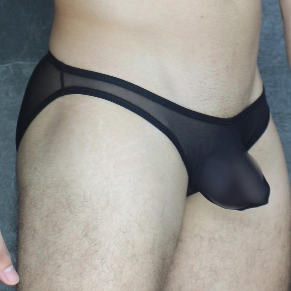 Black sheer mesh briefs with solid black elastic waistband and leg openings mckillop vkus hoist bikini ultra mesh