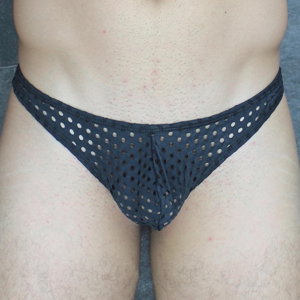 Black mckillop vthq hoist thong glory lycra mesh briefs with evenly spaced circular holes visible from the front