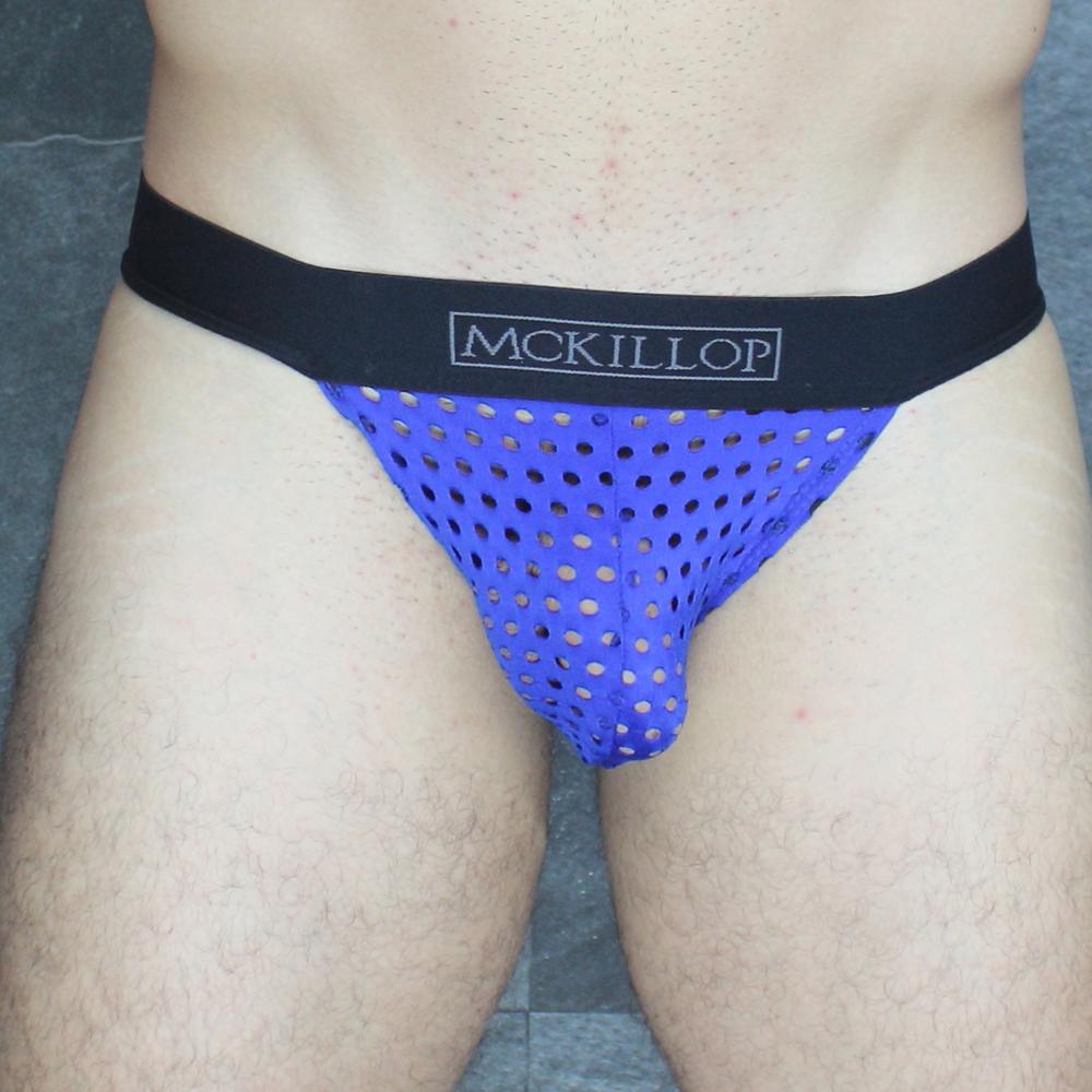 Blue perforated mckillop tanga briefs with black waistband made from glory lycra for comfortable wear