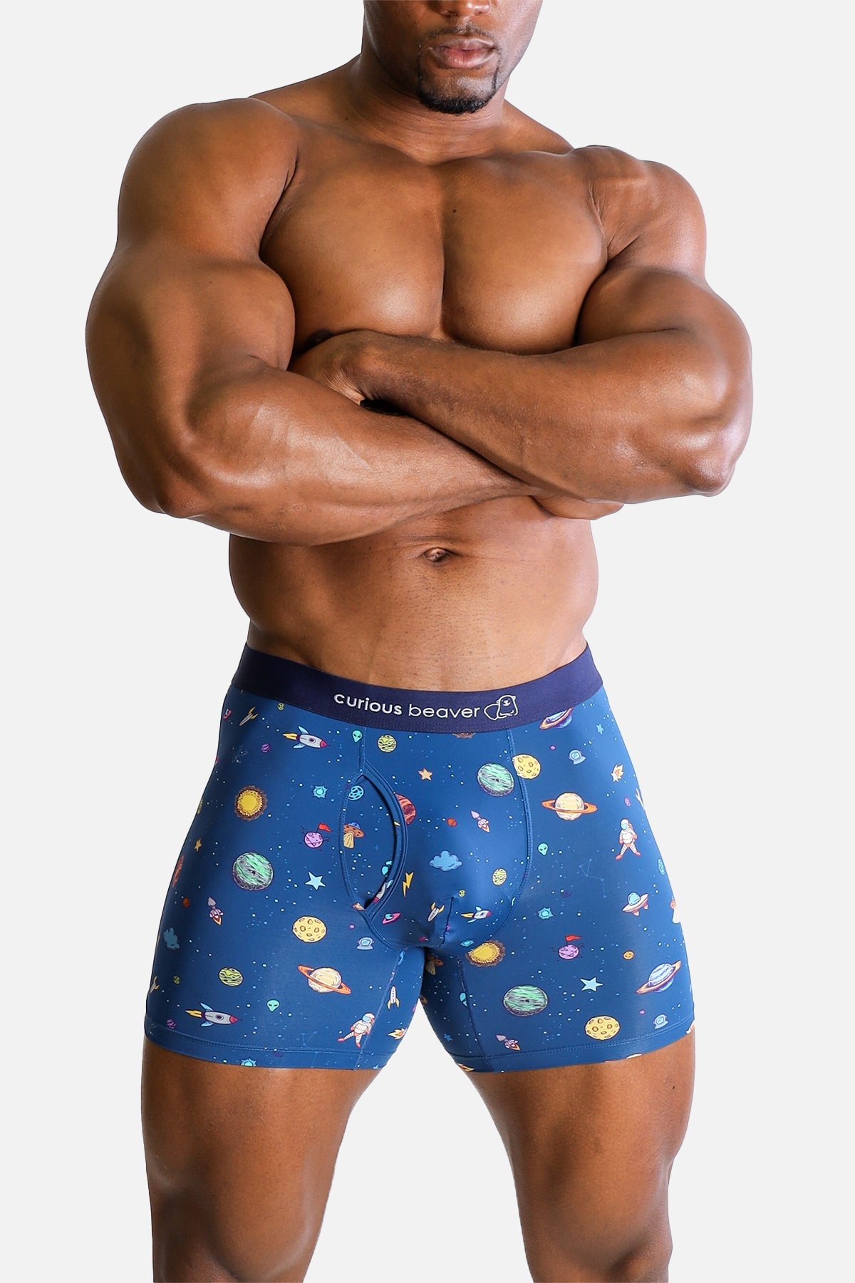 Men’s boxer briefs galaxy in blue with a playful space-themed pattern of planets stars and astronauts on soft fabric