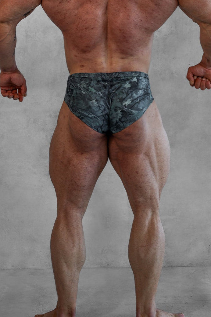 Men’s classic physique trunks 2 inch seam camo briefs in dark green and gray camouflage pattern