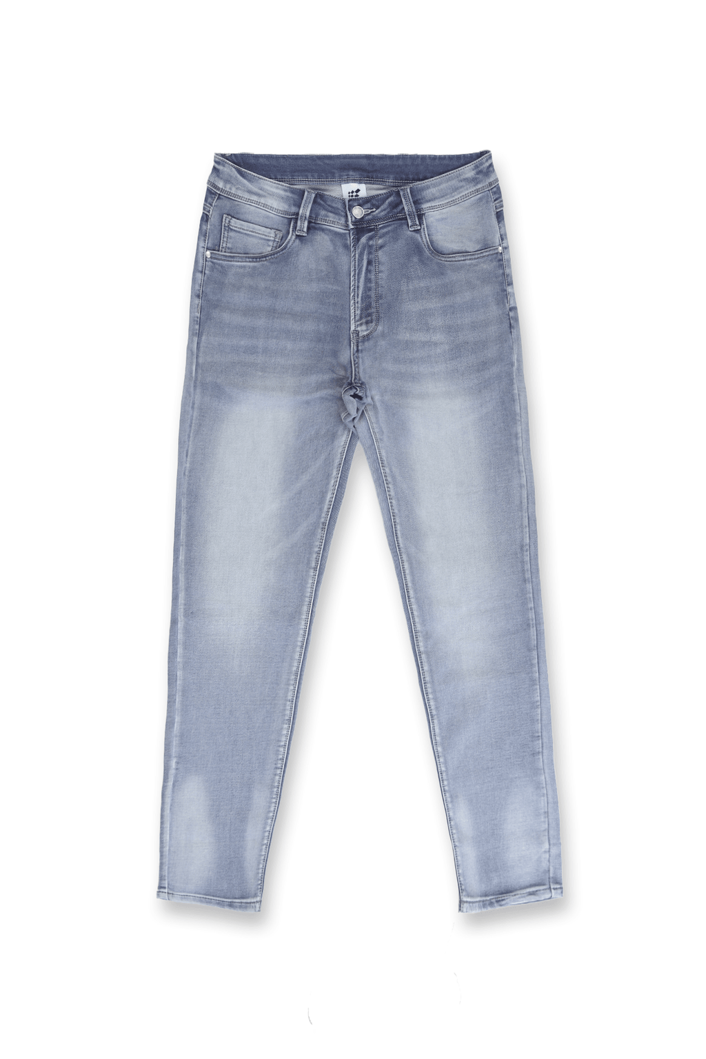 Men’s premium fitted stretchy jeans in faded blue light-wash denim with a slim fit and subtle fading for casual wear